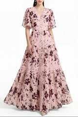 V-neck Lace Trim Printed Maxi Dress - Pink