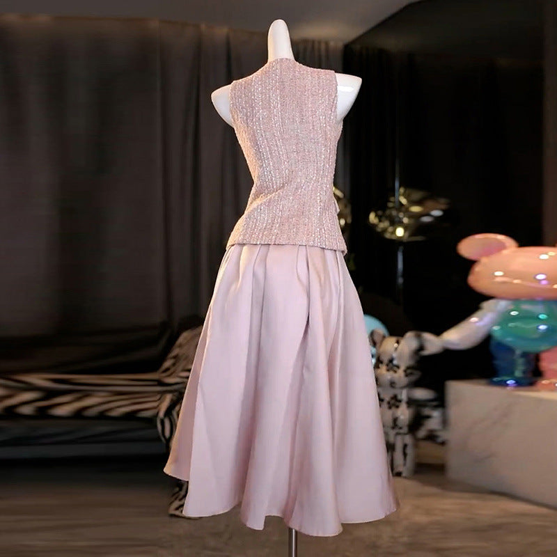 Pink V-Neck Sleeveless Top & Skirt Two-Piece Set