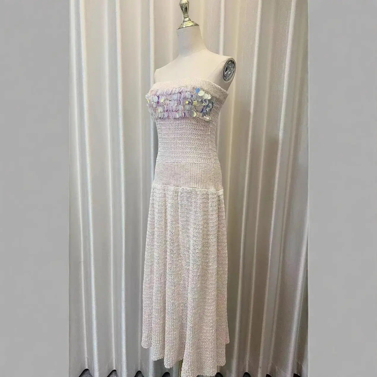 Beige Off-Shoulder Sleeveless Sequin Jersey Maxi Dress