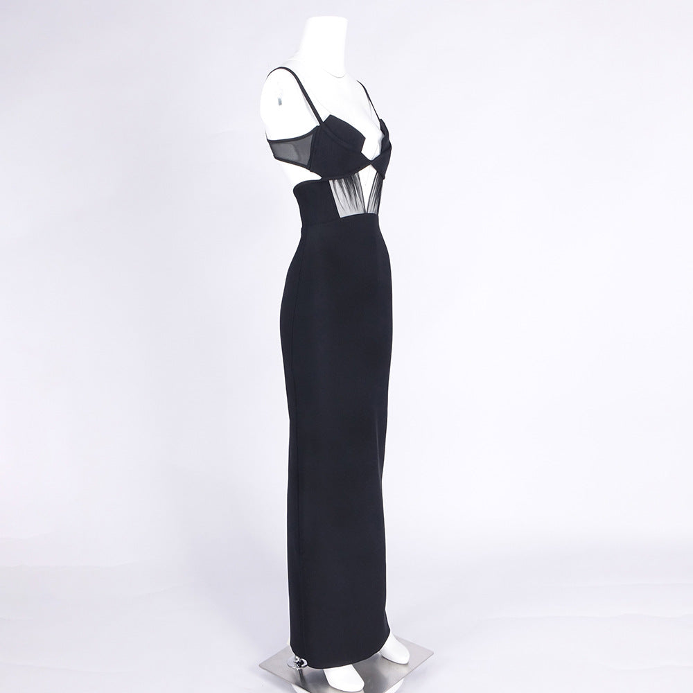 Back Knitted Bandage Maxi Dress in Black
