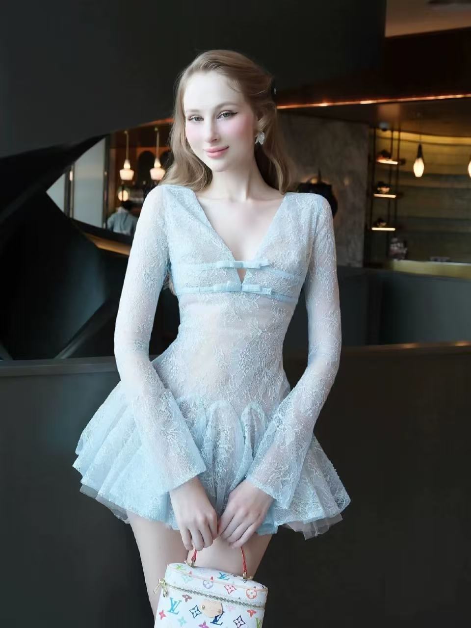 Long-Sleeve V-Neck Lace A-Line Mini Dress in Blue