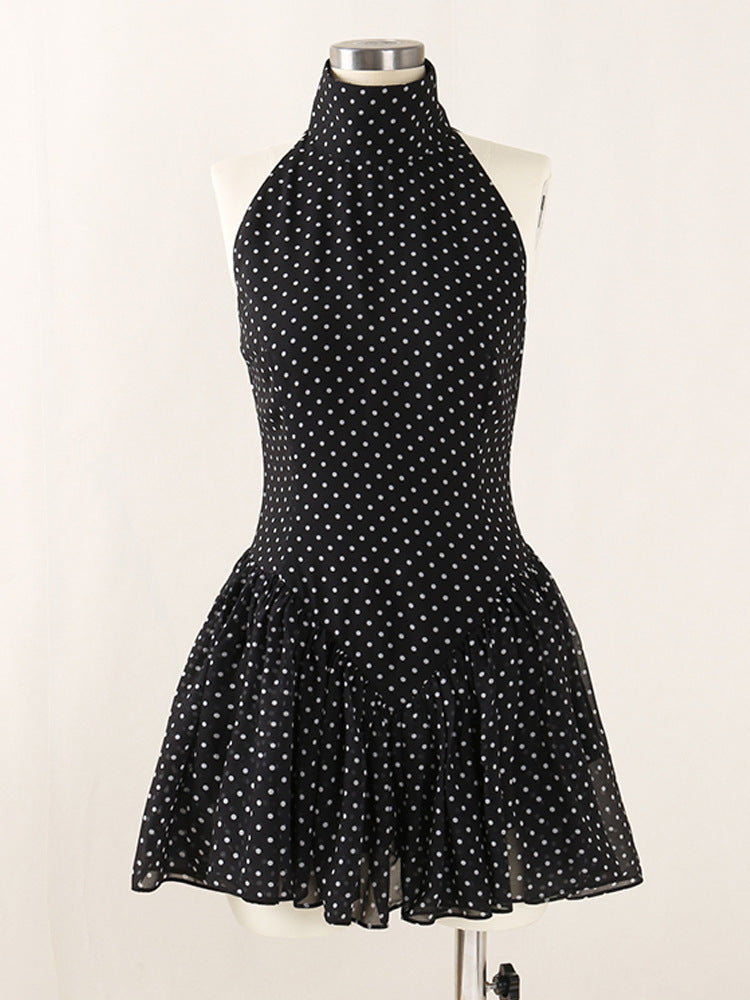 Polka Silk Sleeveless Halter Mini Dress in Black