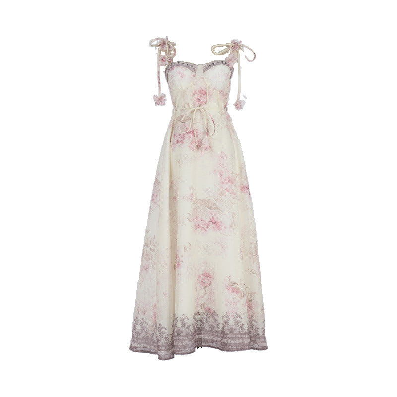 Floral Print Strap Midi Dress with 3D Flower Appliques