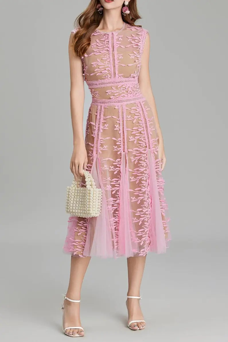 3D Embroidered Lace Mesh Midi Dress in Pink