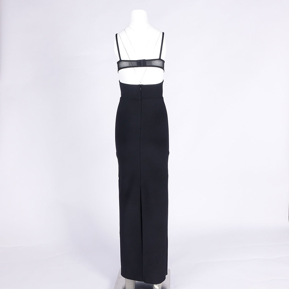 Back Knitted Bandage Maxi Dress in Black