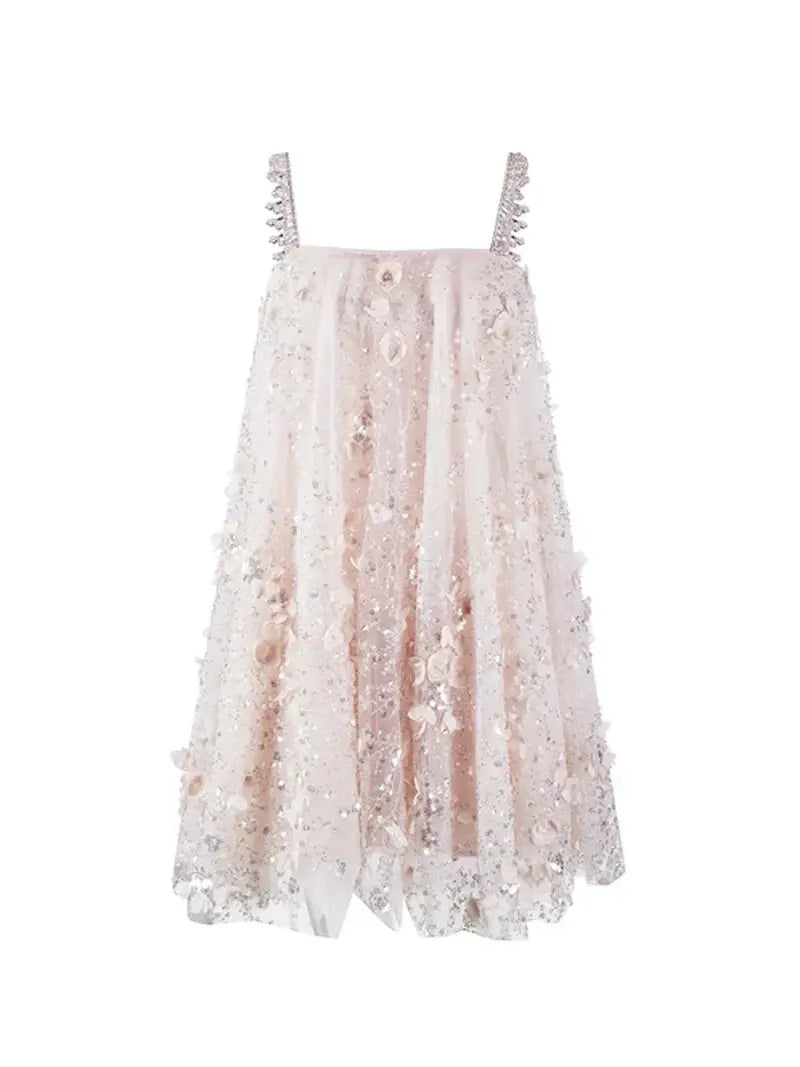 Pink Flower Embroidered Sequin Doll Party Dress