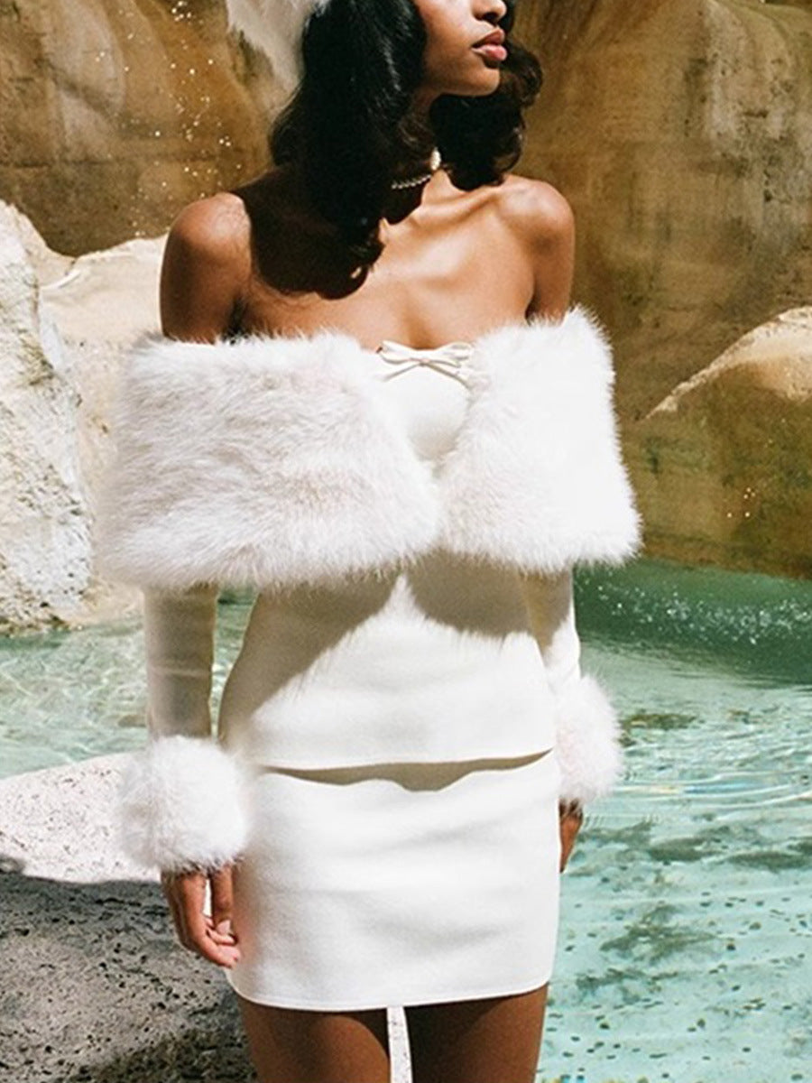 Off Shoulder Furry Skirt Set