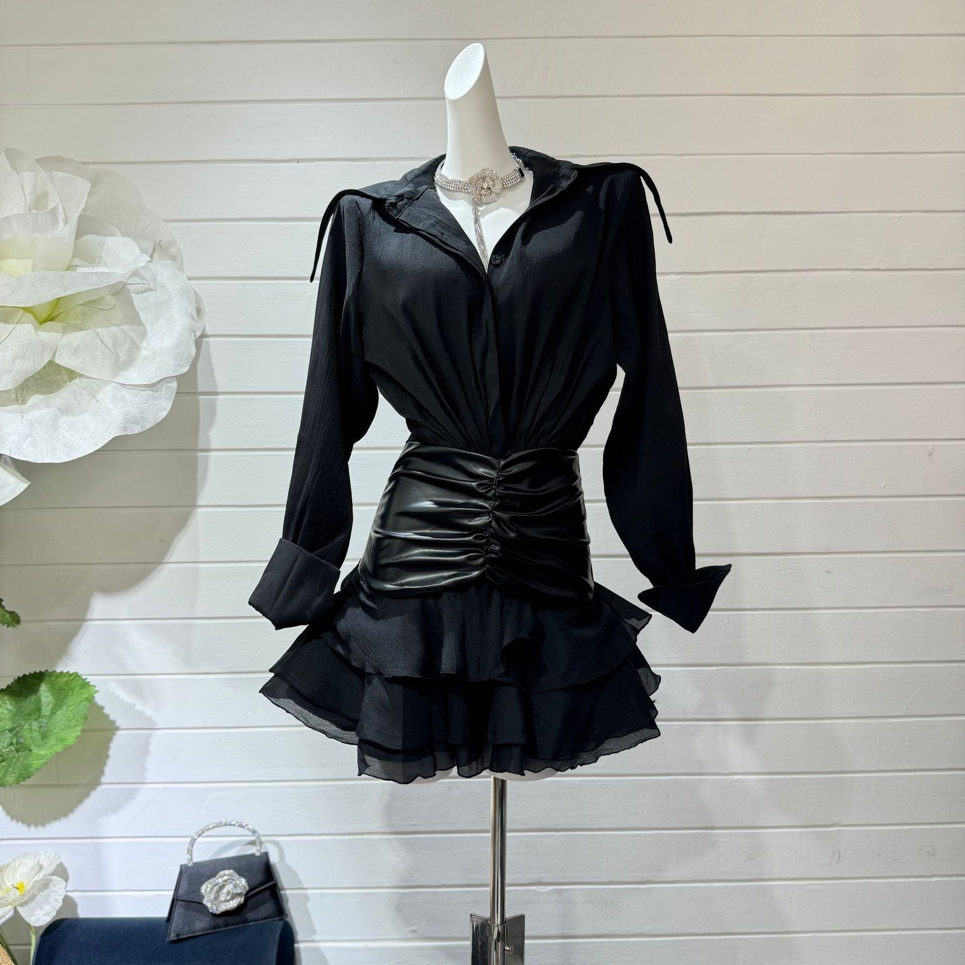 Collar Ruched Ruffle Mini Dress in Black