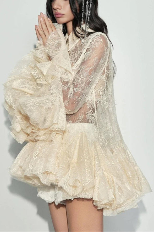 Mesh Lace Ruffled Sleeve Shirt Dress Shorts Set