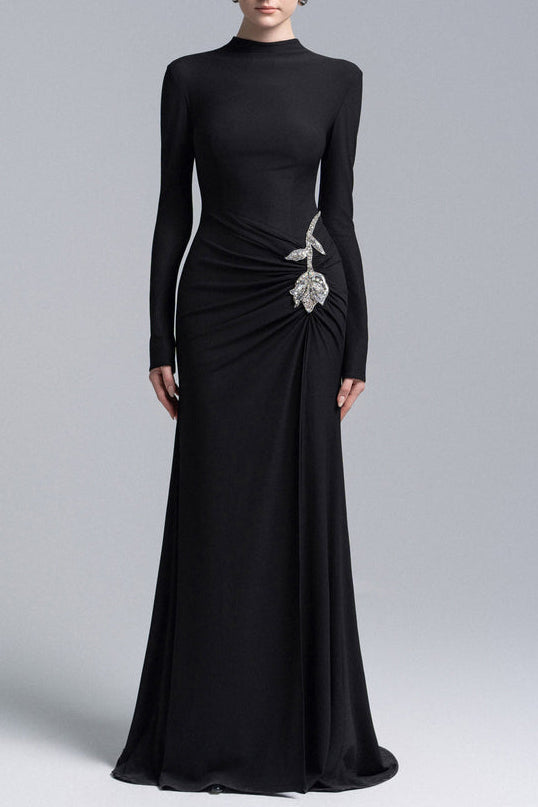 Rose Embellished Sheath Gown in Black