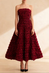 3D Rose Mesh Maxi Dress in Wine Red
