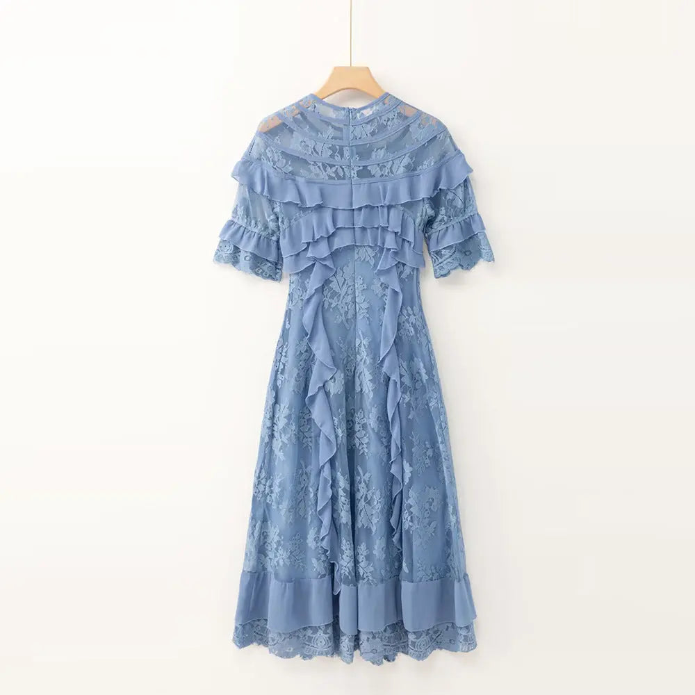 Lace Ruffle Trim Midi Dress in Blue