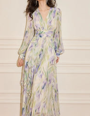 V-Neck Floral Print Lantern Sleeve Maxi Dress