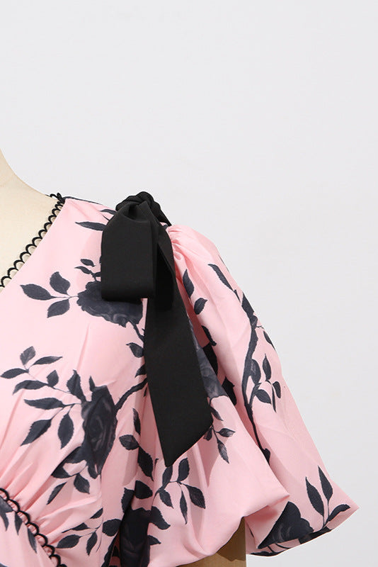 V-Neck Satin Floral Midi Dress in Pink