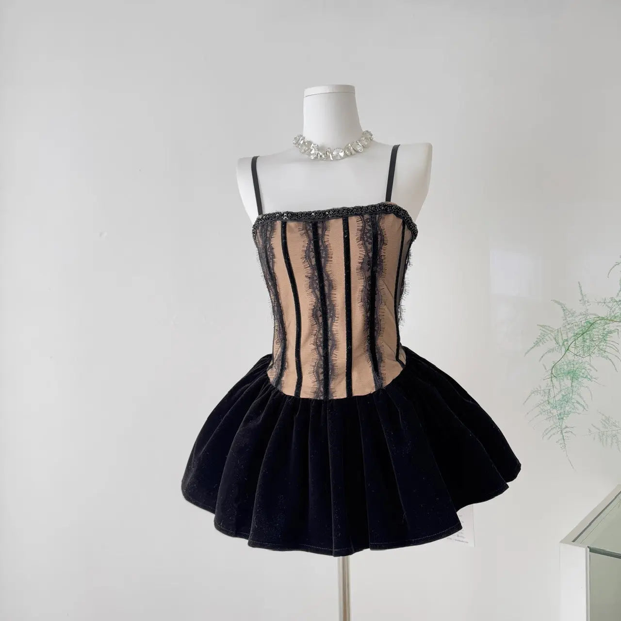 Black Corset Lace Flare Mini Dress