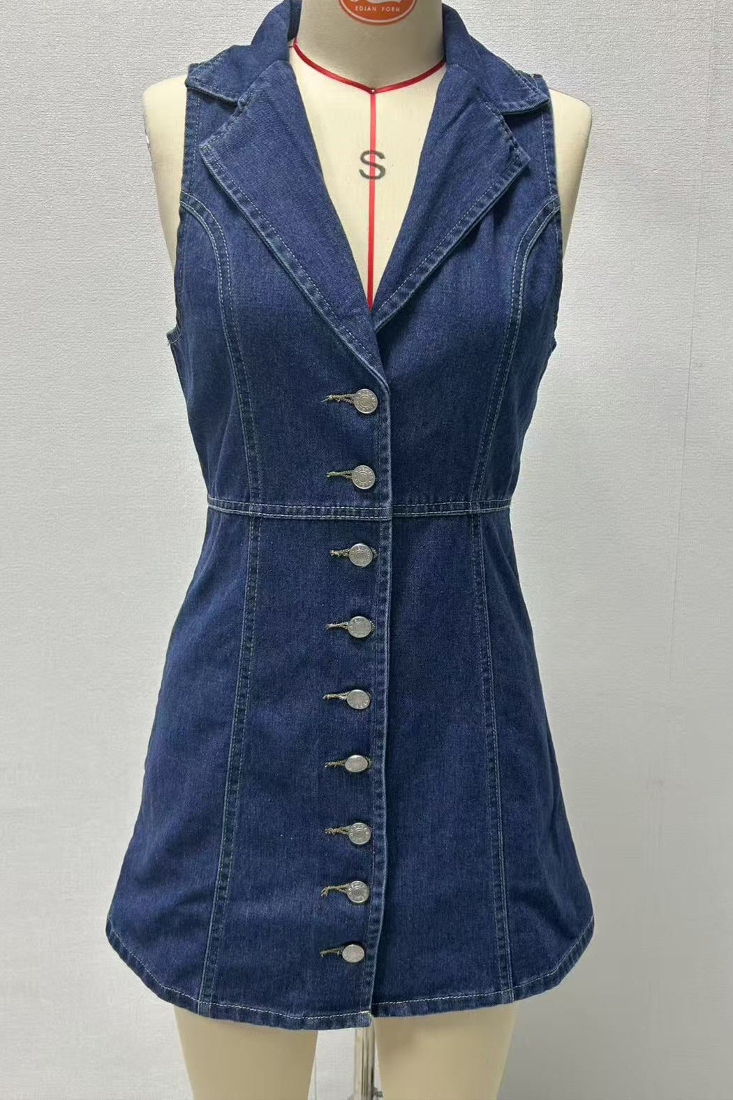 Collared Denim Mini Dress - Dark Blue