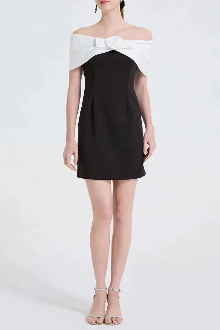 Off-Shoulder 3D Flower Mini Dress in Black