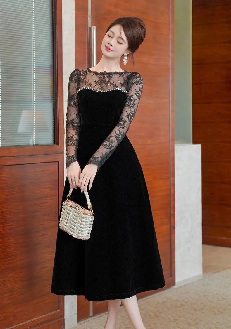 Lace Hollow Sleeve Rhinestone Maxi Dress in Black