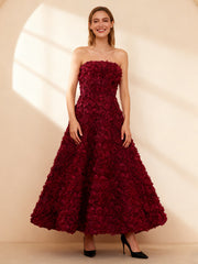 3D Rose Mesh Maxi Dress in Wine Red