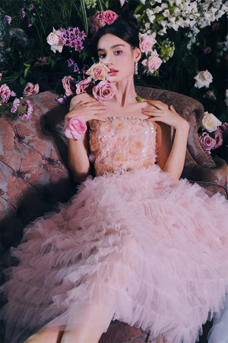 Pink Princess Ruffle Midi Floral Embroidery Dress