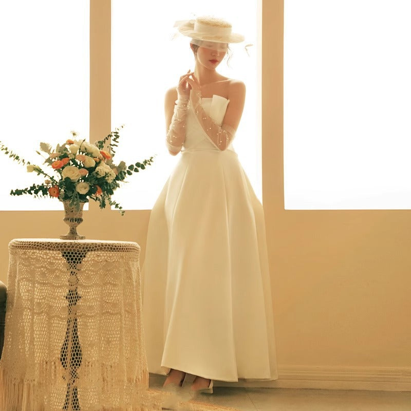 Sequin French Satin Minimalist Slimming Princess-Style Light Weight Wedding Maxi Dress