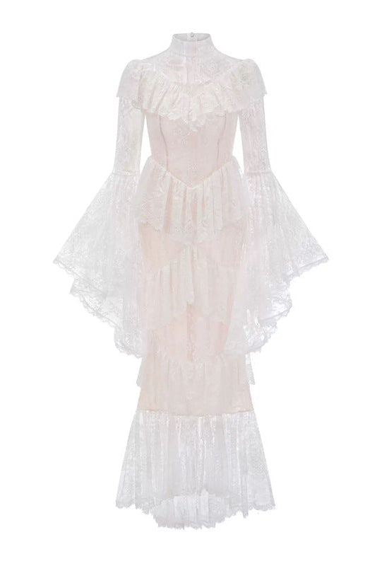 Sheer Lace Sleeve Maxi Dress in White