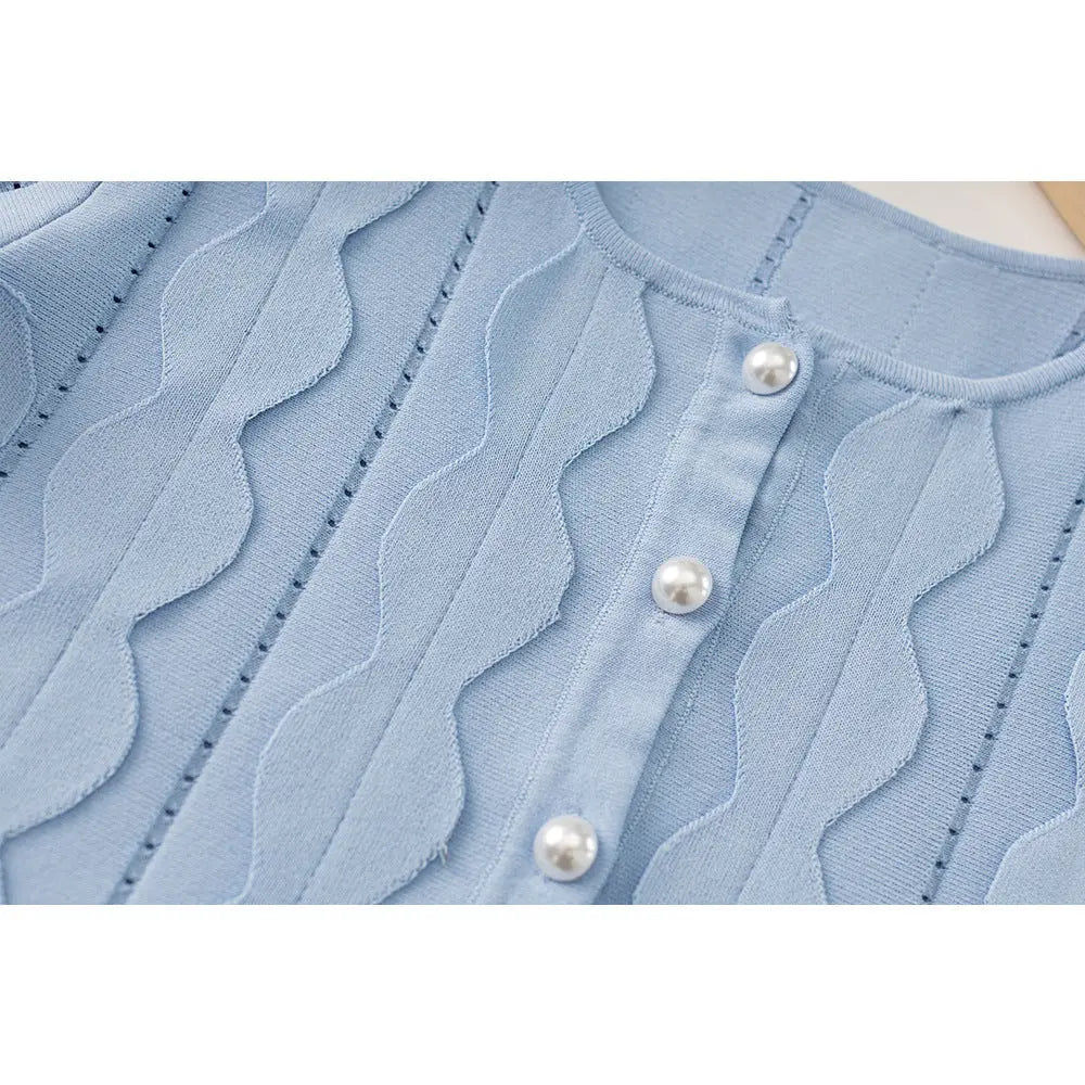 Blue Geometric Circle Pattern Cardigan Skirt Two-piece Set