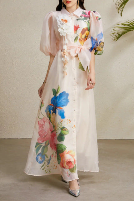 Single-Breasted Floral Printed Puff Sleeve Maxi Dress in Apricot