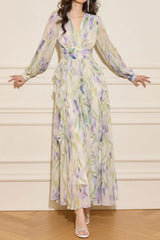 V-Neck Floral Print Lantern Sleeve Maxi Dress