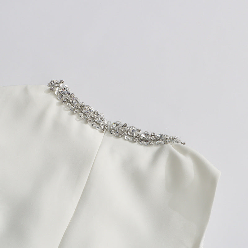 Round Neck Diamond Sleeveless Dress in White