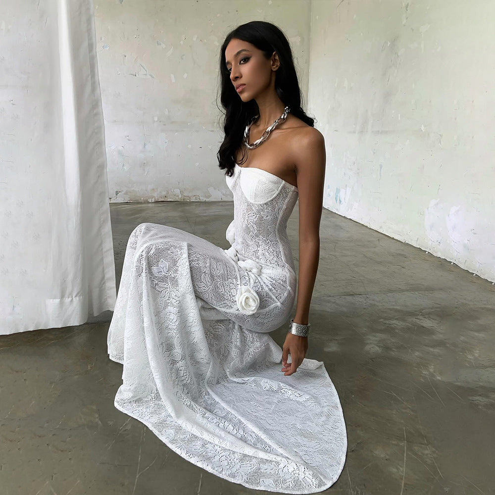 Sheer Lace Dress with Three-Dimensional Floral Skirt - White