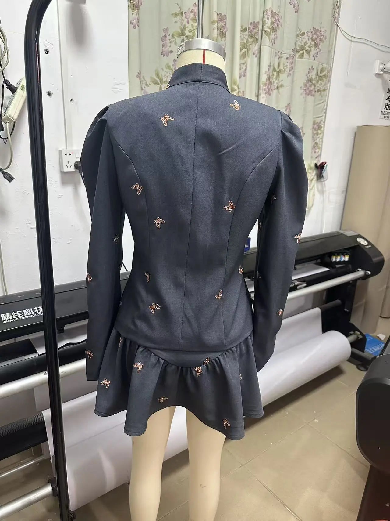 Dark Grey Embroidered Blazer Mini Skirt Set