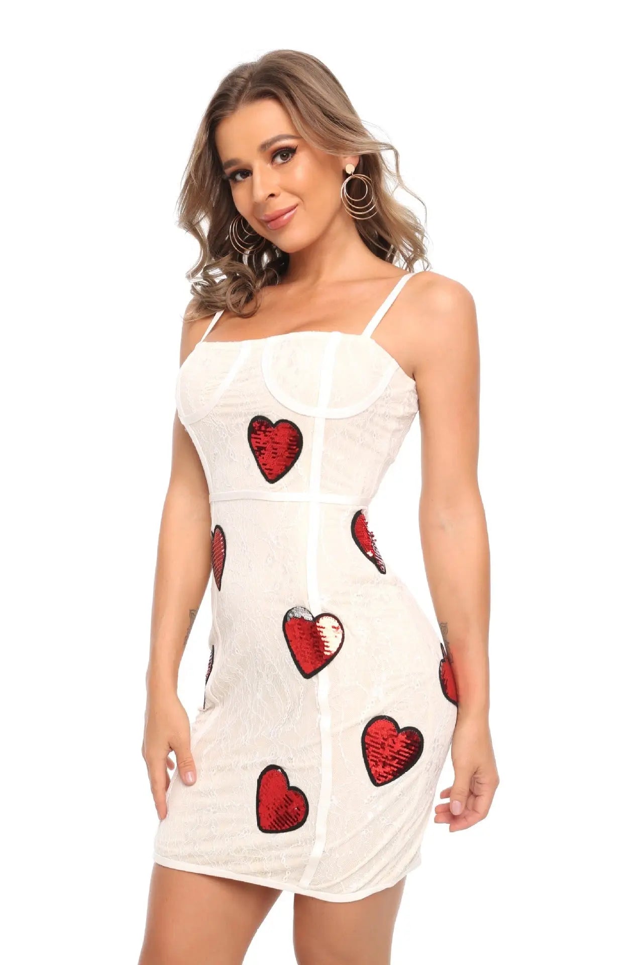 Sequin Heart Embroidery Lace Mini Dress in White