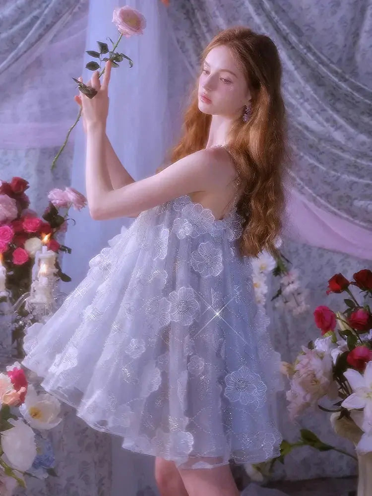 Light Blue Sleeveless Flower Diamond Short Doll Dress