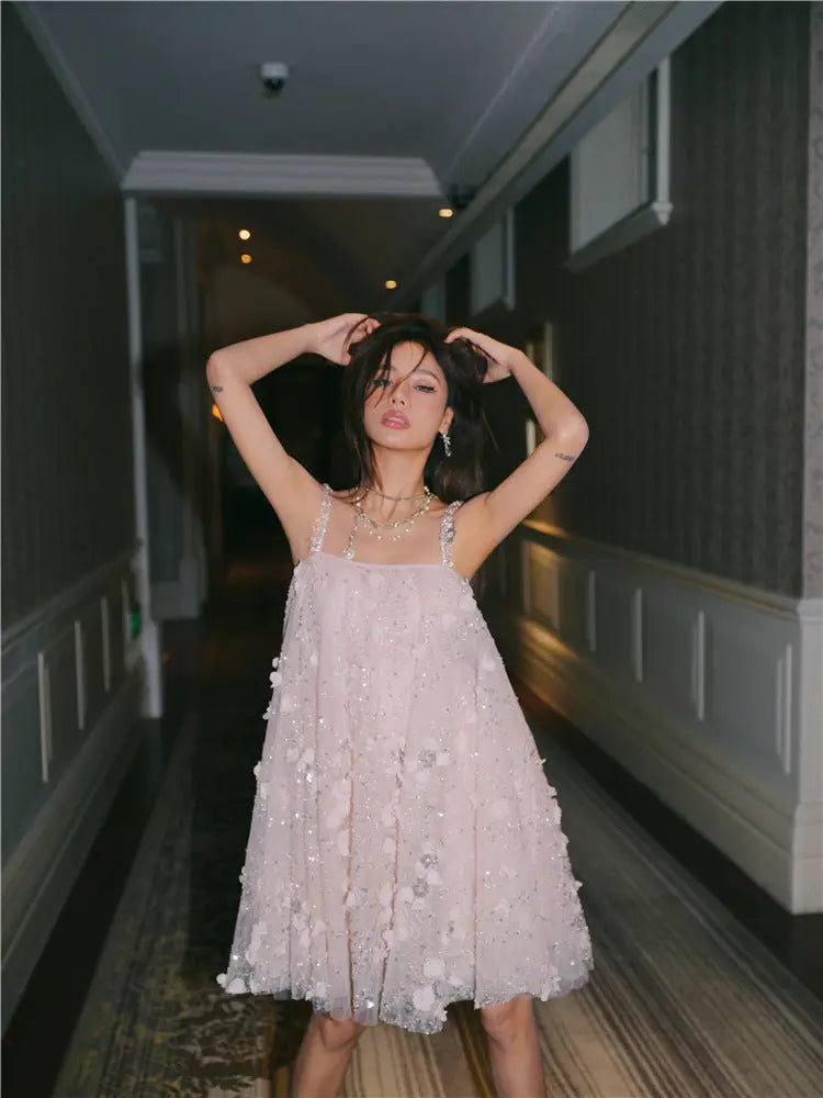 Pink Flower Embroidered Sequin Doll Party Dress
