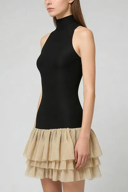 Black Ruched Trim Sleeveless Puffy Mini Dress
