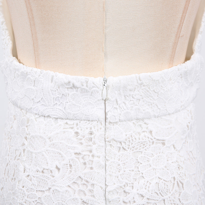 White Deep V-Neck Ruffle Trim Maxi Dress