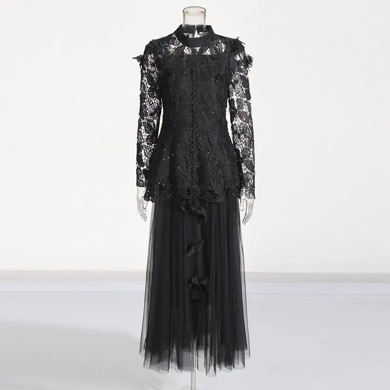 Black Long Sleeve Folds Lace Top And Skirt Two-Piece Set