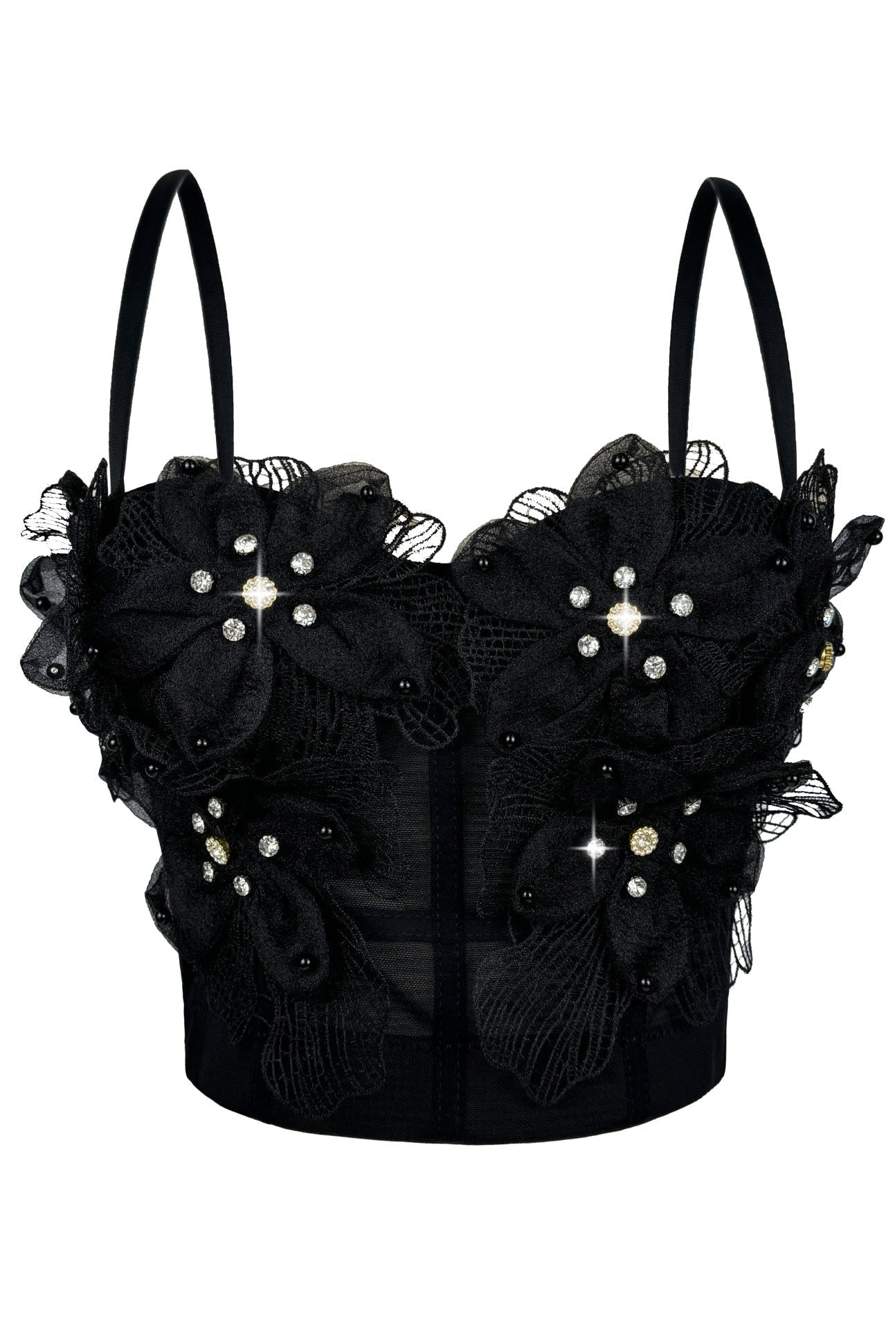 Strap Sheer Mesh 3D Flower Rhinestone Corset Bustier Top
