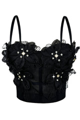 Strap Sheer Mesh 3D Flower Rhinestone Corset Bustier Top