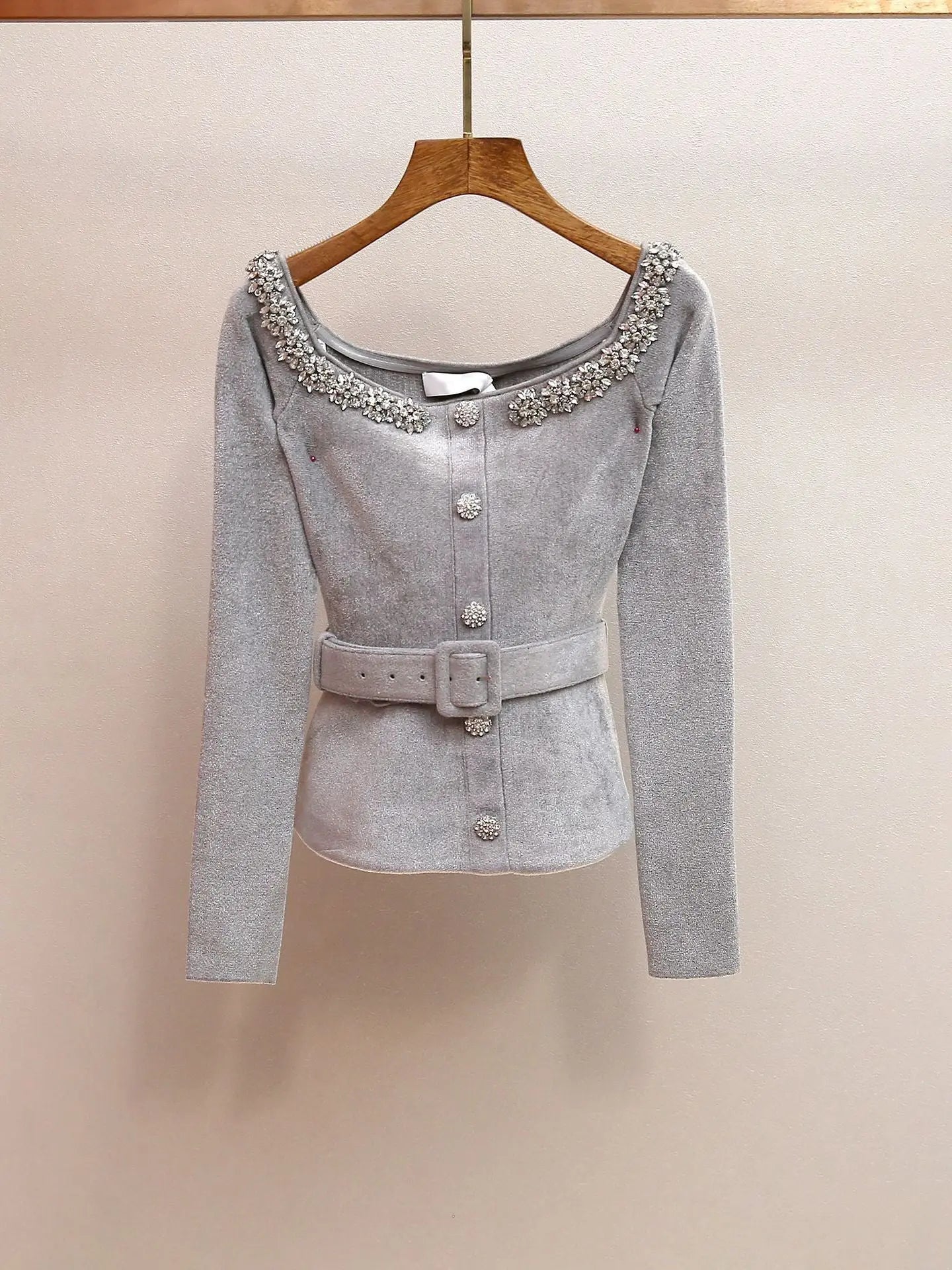 Grey Knit Crystal Trim Top