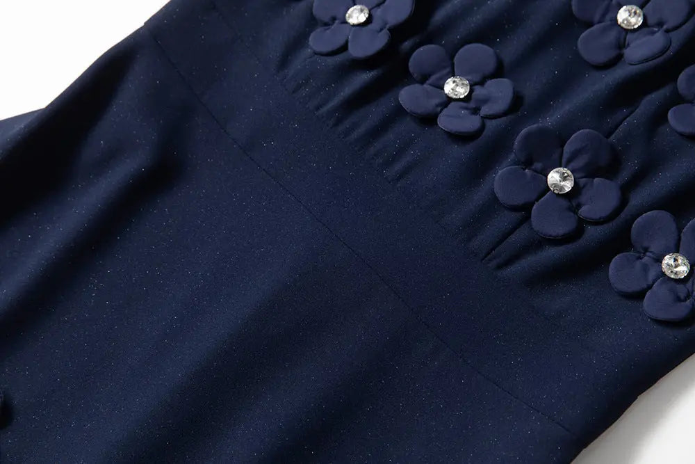 3D Flower Midi Dress in Navy Blue