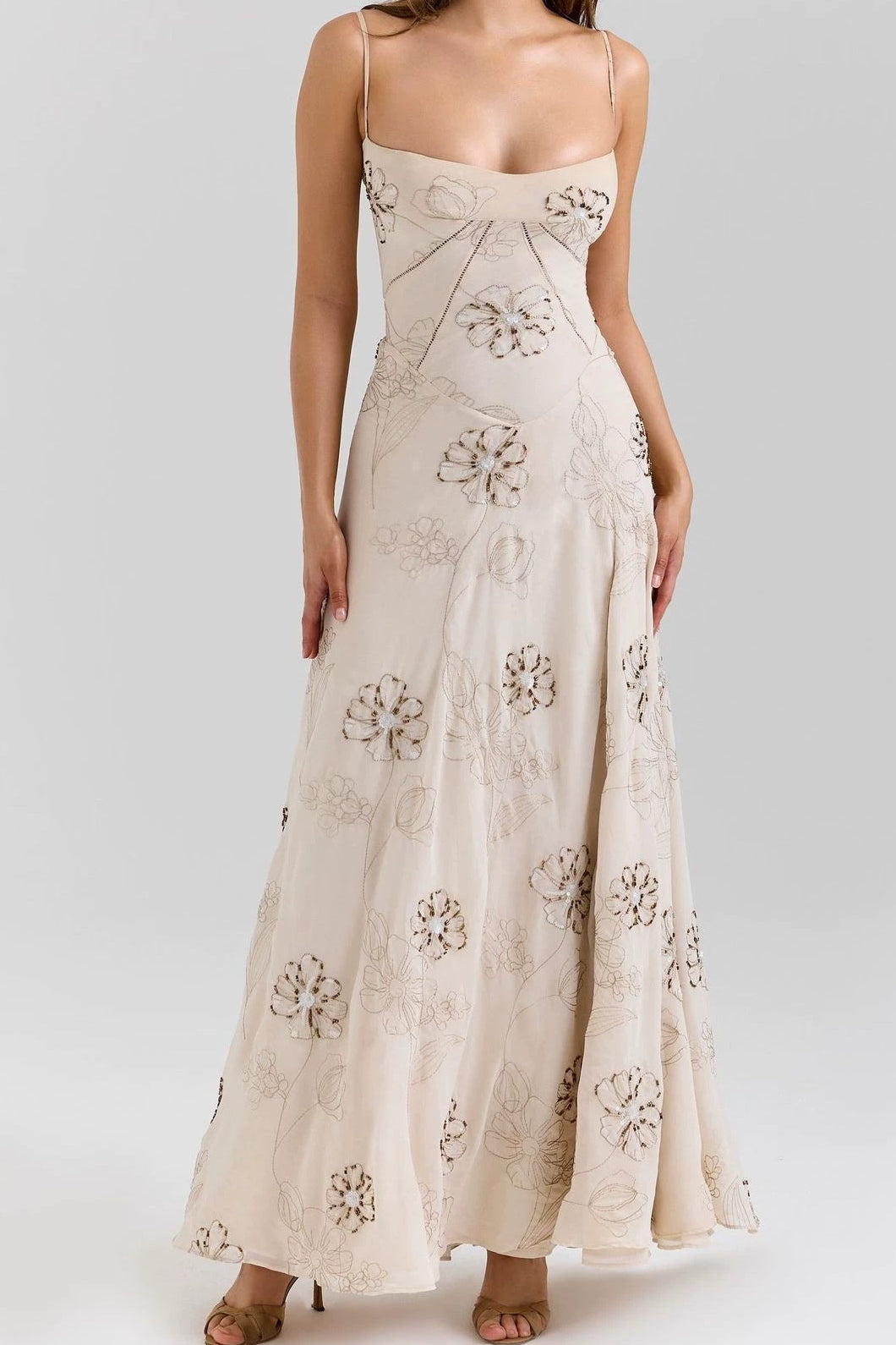 Beige Floral Strap Maxi Dress