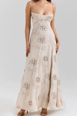 Beige Floral Strap Maxi Dress