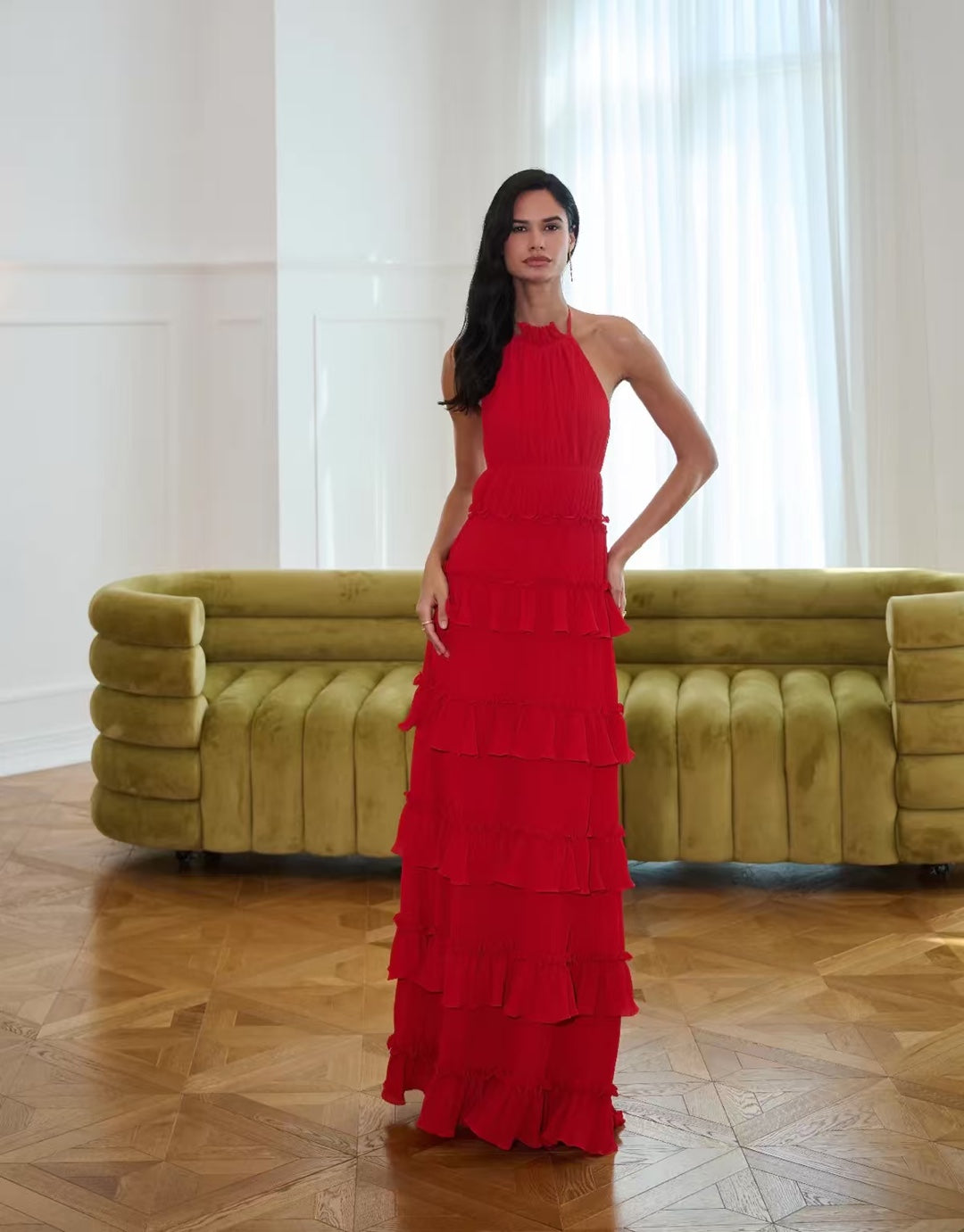 Ruffle Trim Halter Maxi Dress - Red
