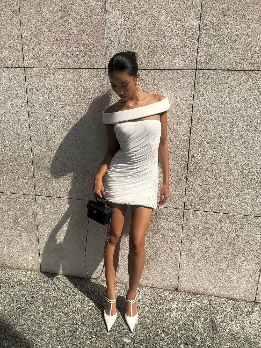 White Off-Shoulder Asymmetrical-Mini Dress