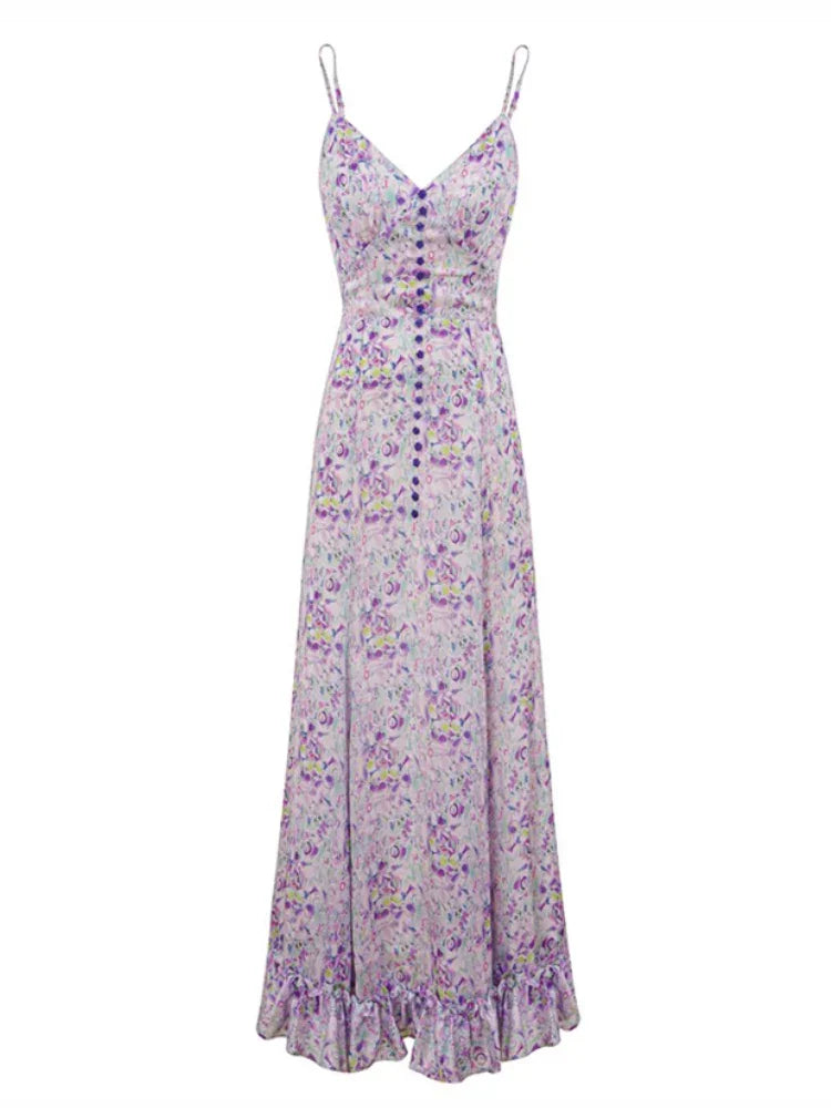 Pink Floral V-Neck Ruffle Maxi Dress
