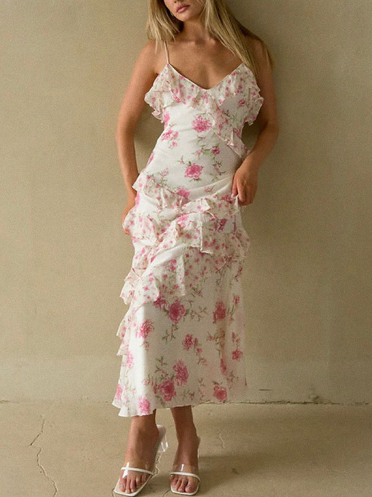 Floral Ruffle Maxi Dress - Pink & Lvory