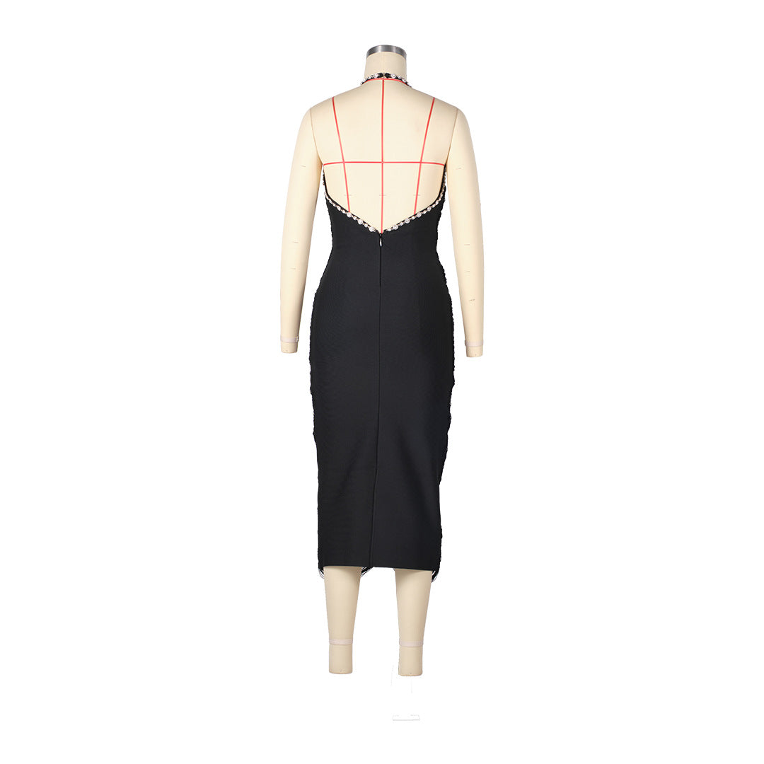 Halter Rhinestone Bandage Midi Dress in Black
