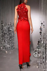 3D Flower Sequin Halter Bandage Maxi Dress in Red